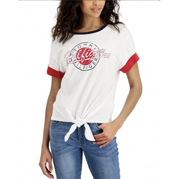Tommy Hilfiger White/Red Short Sleeve Logo Tie-Front Tee XS/S - Picture 1 of 6